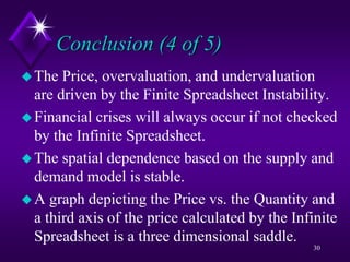 Conclusion (4 of 5)
The Price, overvaluation, and undervaluation
are driven by the Finite Spreadsheet Instability.
Financial crises will always occur if not checked
by the Infinite Spreadsheet.
The spatial dependence based on the supply and
demand model is stable.
A graph depicting the Price vs. the Quantity and
a third axis of the price calculated by the Infinite
Spreadsheet is a three dimensional saddle.
30
 