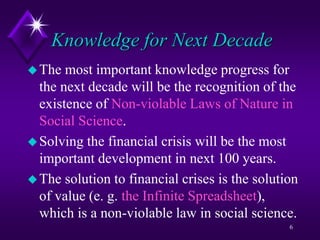 Knowledge for Next Decade
The most important knowledge progress for
the next decade will be the recognition of the
existence of Non-violable Laws of Nature in
Social Science.
Solving the financial crisis will be the most
important development in next 100 years.
The solution to financial crises is the solution
of value (e. g. the Infinite Spreadsheet),
which is a non-violable law in social science.
6
 