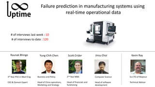 # of interviews last week : 10
# of interviews to date : 120
Failure prediction in manufacturing systems using
real-time operational data
Raunak Bhinge Yung-Chih Chen Scott Crider Jinsu Choi
3rd Year PhD in Mech Eng
CEO & Domain Expert
Business and Policy
Head of China operations,
Marketing and Strategy
2nd Year MBA
Head of financials and
fundraising
Computer Science
Head of software
development
Kevin Ray
Ex-CTO of Majesco
Technical Advisor
 