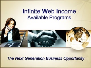 I nfinite  W eb  I ncome Available Programs The Next Generation Business Opportunity 