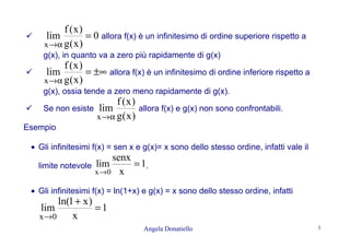 Angela Donatiello 3
0
)x(g
)x(f
lim
x
=
α→
allora f(x) è un infinitesimo di ordine superiore rispetto a
g(x), in quanto va a zero più rapidamente di g(x)
±∞=
α→ )x(g
)x(f
lim
x
allora f(x) è un infinitesimo di ordine inferiore rispetto a
g(x), ossia tende a zero meno rapidamente di g(x).
Se non esiste
)x(g
)x(f
lim
x α→
allora f(x) e g(x) non sono confrontabili.
Esempio
• Gli infinitesimi f(x) = sen x e g(x)= x sono dello stesso ordine, infatti vale il
limite notevole 1
x
senx
lim
0x
=
→
.
• Gli infinitesimi f(x) = ln(1+x) e g(x) = x sono dello stesso ordine, infatti
1
x
)x1ln(
lim
0x
=
+
→
 