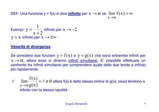 Angela Donatiello 6
DEF. Una funzione y = f(x) si dice infinito per α→x se ∞=
α→
)x(flim
x
Esempi:
2x
1
y
+
= infinito per 2x −→
xy = infinito per ±∞→x
Velocità di divergenza
Se considero due funzioni )x(fy = e )x(gy = che sono entrambe infiniti per
α→x , allora esse si diranno infiniti simultanei. E’ possibile effettuare un
confronto tra infiniti simultanei per comprendere quale delle due tende a infinito
più rapidamente.
0
)x(g
)x(f
lim
x
≠=
α→
l allora f(x) è dello stesso ordine di g(x), ossia tendono a
infinito con la stessa rapidità.
 