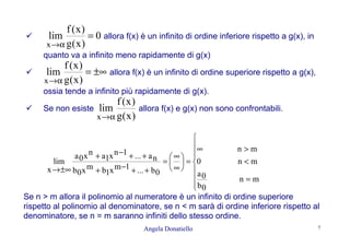 Angela Donatiello 7
0
)x(g
)x(f
lim
x
=
α→
allora f(x) è un infinito di ordine inferiore rispetto a g(x), in
quanto va a infinito meno rapidamente di g(x)
±∞=
α→ )x(g
)x(f
lim
x
allora f(x) è un infinito di ordine superiore rispetto a g(x),
ossia tende a infinito più rapidamente di g(x).
Se non esiste
)x(g
)x(f
lim
x α→
allora f(x) e g(x) non sono confrontabili.








=
<
>∞
=





∞
∞
=
++−+
++−+
±∞→
mn
0b
0a
mn0
mn
0b...1mx1bmx0b
na...1nx1anx0a
x
lim
Se n > m allora il polinomio al numeratore è un infinito di ordine superiore
rispetto al polinomio al denominatore, se n < m sarà di ordine inferiore rispetto al
denominatore, se n = m saranno infiniti dello stesso ordine.
 