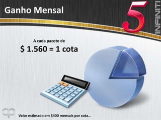 Valor estimado em $400 mensais por cota...
Ganho Mensal
A cada pacote de
$ 1.560 = 1 cota
 
