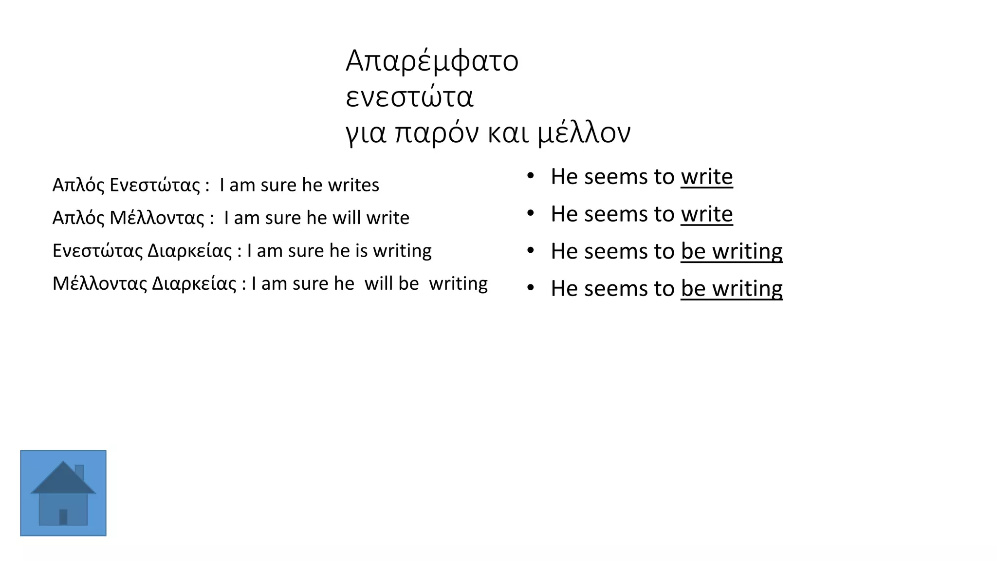Απαρέμφατο
ενεστώτα
για παρόν και μέλλον
• He seems to write
• He seems to write
• He seems to be writing
• He seems to be writing
Απλός Ενεστώτας : I am sure he writes
Aπλός Μέλλοντας : I am sure he will write
Ενεστώτας Διαρκείας : I am sure he is writing
Μέλλοντας Διαρκείας : I am sure he will be writing