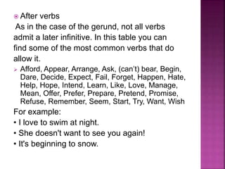  After verbs
As in the case of the gerund, not all verbs
admit a later infinitive. In this table you can
find some of the most common verbs that do
allow it.
 Afford, Appear, Arrange, Ask, (can’t) bear, Begin,
Dare, Decide, Expect, Fail, Forget, Happen, Hate,
Help, Hope, Intend, Learn, Like, Love, Manage,
Mean, Offer, Prefer, Prepare, Pretend, Promise,
Refuse, Remember, Seem, Start, Try, Want, Wish
For example:
• I love to swim at night.
• She doesn't want to see you again!
• It's beginning to snow.
 