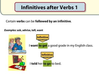 I told her to go to bed.
I want to get a good grade in my English class.
Infinitives after Verbs 1
Certain verbs can be followed by an infinitive.
Infinitive
Examples: ask, advise, tell, want
Infinitive
 