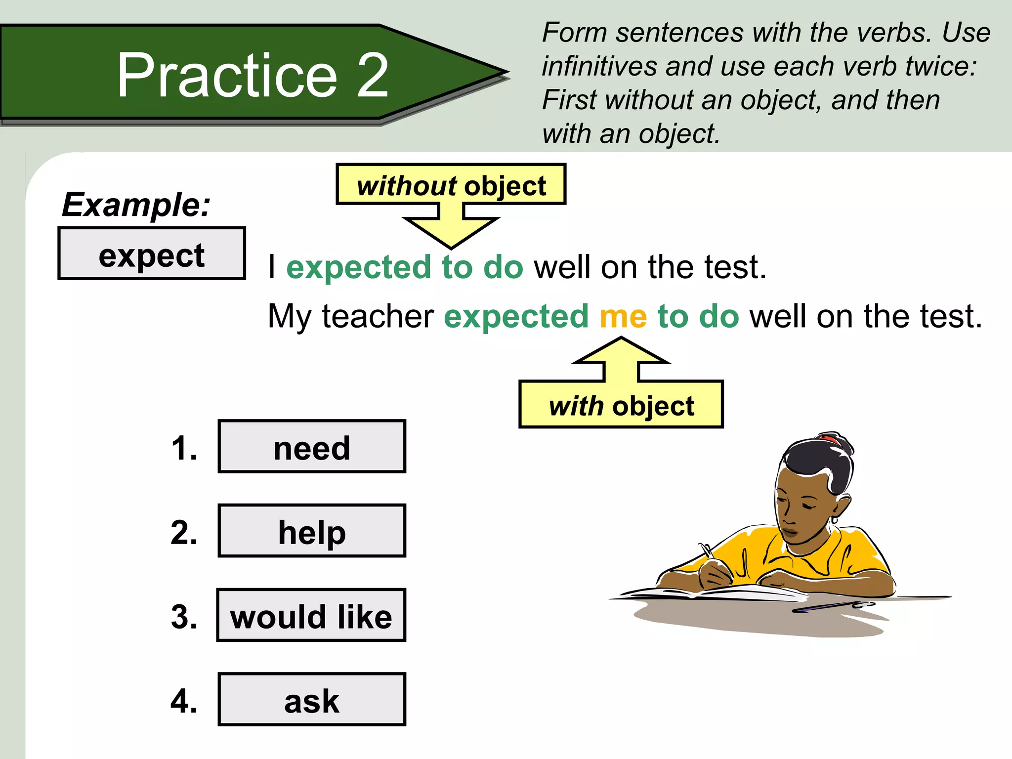 Form sentences with the verbs. Use
  Practice 2                   infinitives and use each verb twice:
                               First without an object, and then
                               with an object.
                  without object
Example:
  expect   I expected to do well on the test.
           My teacher expected me to do well on the test.

                                   with object
     1.    need

     2.    help

     3. would like

     4.     ask
 