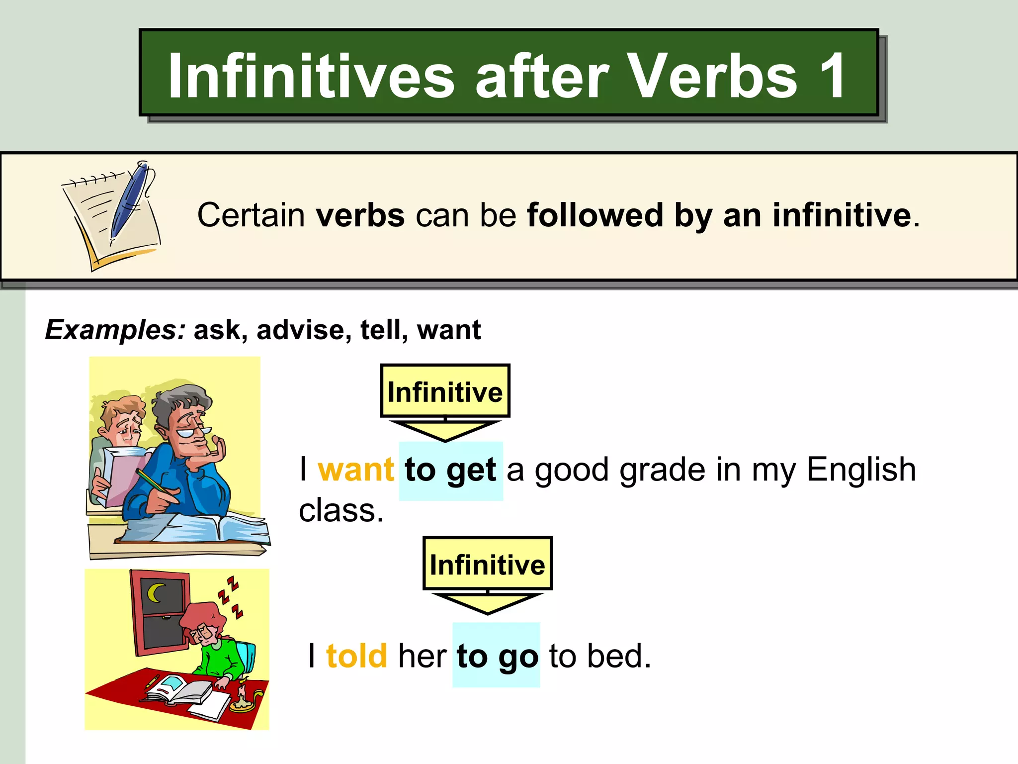 Infinitives after Verbs 1

           Certain verbs can be followed by an infinitive.


Examples: ask, advise, tell, want

                         Infinitive

                   I want to get a good grade in my English
                   class.
                             Infinitive


                   I told her to go to bed.
 