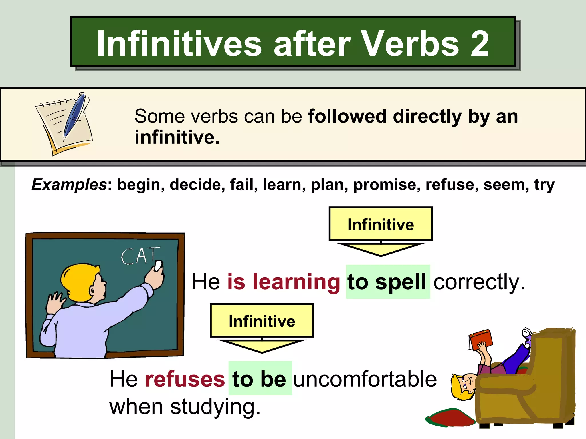 Infinitives after Verbs 2
             Some verbs can be followed directly by an
             infinitive.

Examples: begin, decide, fail, learn, plan, promise, refuse, seem, try

                                          Infinitive


                     He is learning to spell correctly.
                          Infinitive


          He refuses to be uncomfortable
          when studying.
 