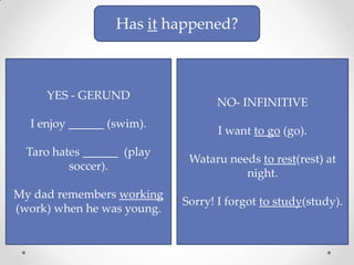 Has ithappened?YES - GERUNDI enjoy ______ (swim).Taro hates ______  (play soccer).My dad remembers working (work) when he was young. NO- INFINITIVEI want to go (go).Wataru needs to rest(rest) at night.Sorry! I forgot to study(study). 