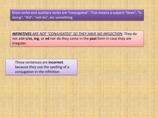 Main verbs and auxiliary verbs are “conjugated”. That means a subject “does”, “is
doing”, “did”, “will do”, etc something.



INFINITIVES ARE NOT “CONJUGATED” SO THEY HAVE NO INFLECTION. They do
not add s/es, ing, or ed nor do they come in the past form in case they are
irregular.



 These sentences are incorrect
 because they use the spelling of a
 conjugation in the infinitive:
 