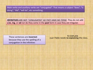 Main verbs and auxiliary verbs are “conjugated”. That means a subject “does”, “is
doing”, “did”, “will do”, etc something.



INFINITIVES ARE NOT “CONJUGATED” SO THEY HAVE NO TENSE. They do not add
s/es, ing, or ed nor do they come in the past form in case they are irregular.




 These sentences are incorrect                                 TO EXPLAIN
                                             Juan Pablo needs to explaining the class.
 because they use the spelling of a
 conjugation in the infinitive:
 