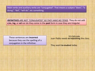 Main verbs and auxiliary verbs are “conjugated”. That means a subject “does”, “is
doing”, “did”, “will do”, etc something.



INFINITIVES ARE NOT “CONJUGATED” SO THEY HAVE NO TENSE. They do not add
s/es, ing, or ed nor do they come in the past form in case they are irregular.




 These sentences are incorrect                                 TO EXPLAIN
                                             Juan Pablo needs to explaining the class.
 because they use the spelling of a
 conjugation in the infinitive:
                                             They want to studied today.
 