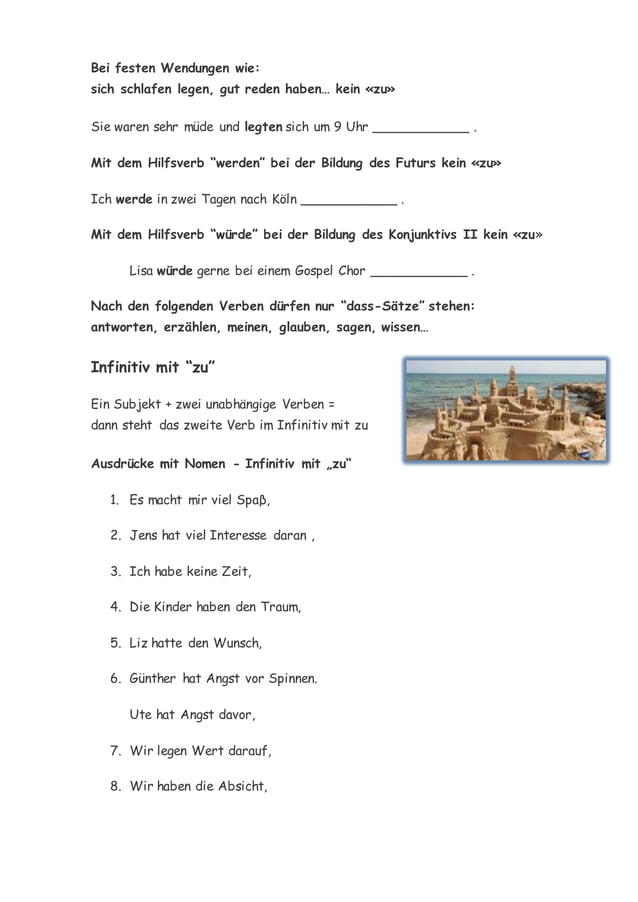 Infinitiv Mit Und Ohne Zu INFINITIV ohne und mit "zu" - Arbeitsblatt