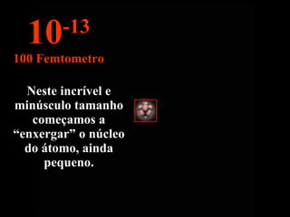 Neste incrível e minúsculo tamanho começamos a “enxergar” o núcleo do átomo, ainda pequeno. 10 -13 100 Femtometro 