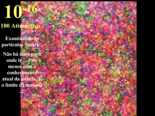 Examinando as partículas ‘quark’. Não há mais para onde ir ... Pelo menos com o conhecimento atual da ciência. É o limite da matéria ...  10 -16 100 Attometros 