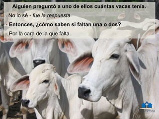 Alguien preguntó a uno de ellos cuántas vacas tenía.
- No lo sé - fue la respuesta.
- Entonces, ¿cómo saben si faltan una o dos?
- Por la cara de la que falta.
 