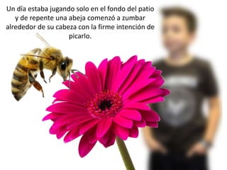 Un día estaba jugando solo en el fondo del patio
y de repente una abeja comenzó a zumbar
alrededor de su cabeza con la firme intención de
picarlo.
 