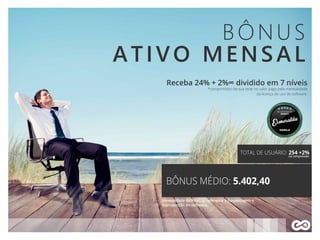 BÔNUS
ATIVO MENSAL
Receba 24% + 2%∞ dividido em 7 níveis
*comprimidos de sua rede no valor pago pela mensalidade
da licença de uso do software.
TOTAL DE USUÁRIO: 254 +2%
BÔNUS MÉDIO: 5.402,40
Mensalidade de R$60,00 referente a hospedagem e
manutenção do software.
na compressão
 