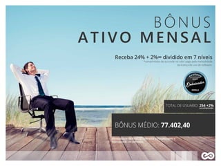 BÔNUS
ATIVO MENSAL
Receba 24% + 2%∞ dividido em 7 níveis
*comprimidos de sua rede no valor pago pela mensalidade
da licença de uso do software.
TOTAL DE USUÁRIO: 254 +2%
BÔNUS MÉDIO: 77.402,40
Mensalidade de R$60,00 referente a hospedagem e
manutenção do software.
na compressão
 