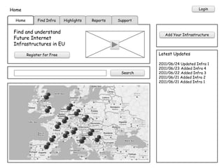 Home                                                                              Login


  Home         Find Infra    Highlights   Reports   Support


 Find and understand                                             Add Your Infrastructure
 Future Internet
 Infrastructures in EU

         Register for Free                                    Latest Updates

                                                              2011/06/24 Updated Infra 1
                                                              2011/06/23 Added Infra 4
                                                     Search   2011/06/22 Added Infra 3
                                                              2011/06/21 Added Infra 2
                                                              2011/06/21 Added Infra 1
 