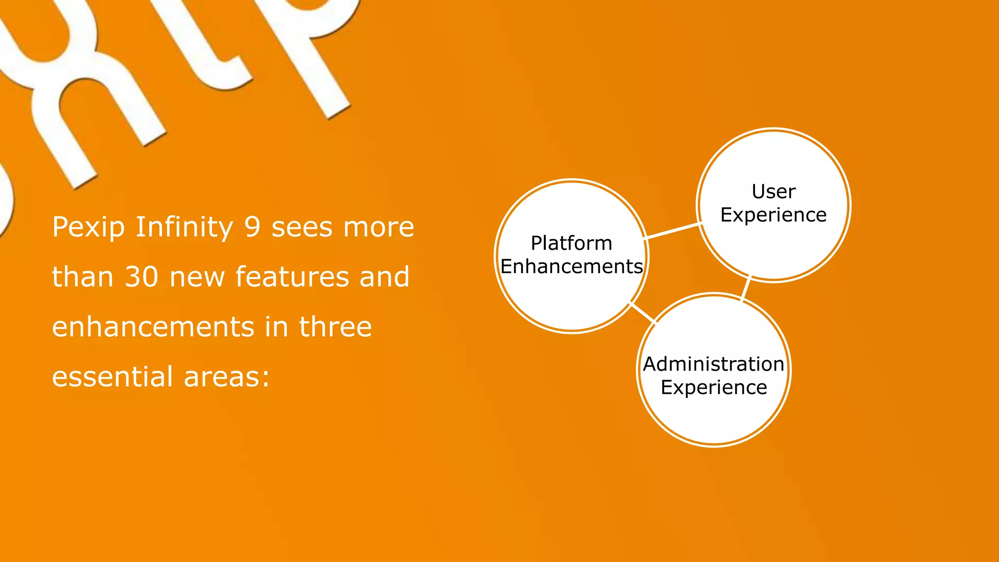 Pexip Infinity 9 sees more
than 30 new features and
enhancements in three
essential areas:
Platform
Enhancements
User
Experience
Administration
Experience
 