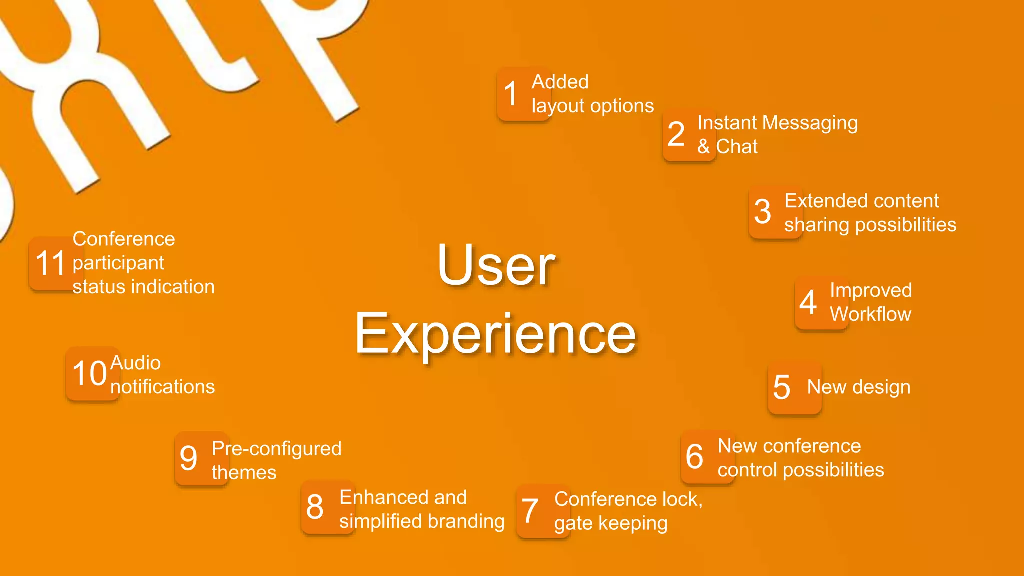 User
Experience
1
2
3
4
5
6
78
9
10
11
Instant Messaging
& Chat
Extended content
sharing possibilities
Improved
Workflow
New design
New conference
control possibilities
Conference lock,
gate keeping
Enhanced and
simplified branding
Pre-configured
themes
Audio
notifications
Added
layout options
Conference
participant
status indication
 