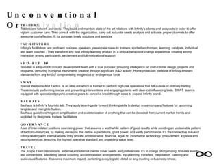 Unconventional Organization TRADERS  Traders are network architects. They build and maintain state of the art relations with Infinity’s clients and prospects in order to offer vigilant customer care. They consult with the organization, carry out accurate needs analysis and activate  proper channels to offer awesome cost effective, fit for purpose, timely solutions and services FACILITATORS Infinity’s facilitators  are proficient business speakers, passionate maieutic trainers, spirited anchormen, learning  catalysts, individual and team coaches . They transform any final Infinity learning product in  a unique behavioral change experience, creating strong interaction among participants, excitement and full motivational support  SHIN-BET   שנ Shin-Bet is a top-notch concept development team with a dual purpose: providing intelligence on instructional design, projects and programs, venturing in original instruments creation through significant R&D activity. Home protection: defence of Infinity eminent standards from any kind of compromising exogenous or endogenous force  SWAT Special Weapons And Tactics. is an elite unit which is trained to perform high-risk operations that fall outside of ordinary trading. These include performing rescue and preventing interventions and engaging clients with clear-cut influencing tools. SWAT  team is equipped with specialized psycho-creative gears to conceive breakthrough ideas to expand Infinity brand. BAUHAUS Bauhaus is Infinity’s futuristic lab, They apply avant-garde forward thinking skills to design cross-company features for upcoming tangible and intangible fruition.  Bauhaus guidelines hinge on simplification and skeletonization of anything that can be decoded from current market trends and exploited by designers, traders, facilitators GOVERNANCE  A set of inter-related positions exercising power that assures a worthwhile pattern of good results while avoiding an undesirable pattern of bad circumstances, by making decisions that define expectations, grant power, and verify performance. It’s the connective tissue of Infinity dealing with  i nternal affairs They provide administrative, financial, legal, hr, information technology, procurement, logistics and security services, ensuring the highest operative standard and unyielding value bond. TRAVEL The Xcape Team responds to  external and internal clients’ travel needs and preferences. It’s in charge of organizing  first-rate events and conventions. Mastering venue scouting, accommodation arrangements, trip-planning, transfers,  negotiation, catering and audiovisual features. It secures maximum impact, perfecting every logistic  detail on any meeting or business retreat.   