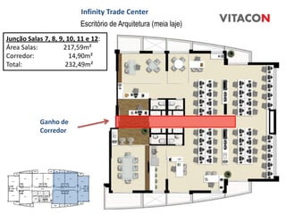 Infinity Trade Center
                          Escritório de Arquitetura (meia laje)
Junção Salas 7, 8, 9, 10, 11 e 12:
Área Salas:         217,59m²
Corredor:              14,90m²
Total:               232,49m²




            Ganho de
            Corredor
 