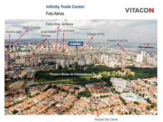Infinity Trade Center
                                     Foto Aérea

                                     Futuro Shop. da Mooca
                Clube Juventus
Ricardo Jafet                    Clube Atlético Av. do Estado
                                 Ypiranga                          Estação CPTM

                                                                                    Estação Fura Fila
                                                          LOCAL
                                                                                                        São Caetano




                                        Parque e Museu da Independência




                            Emiliano                                      Hospital São Camilo
 