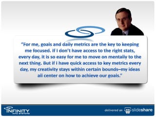 “For me, goals and daily metrics are the key to keeping me focused. If I don’t have access to the right stats, every day, it is so easy for me to move on mentally to the next thing. But if I have quick access to key metrics every day, my creativity stays within certain bounds–my ideas all center on how to achieve our goals.”