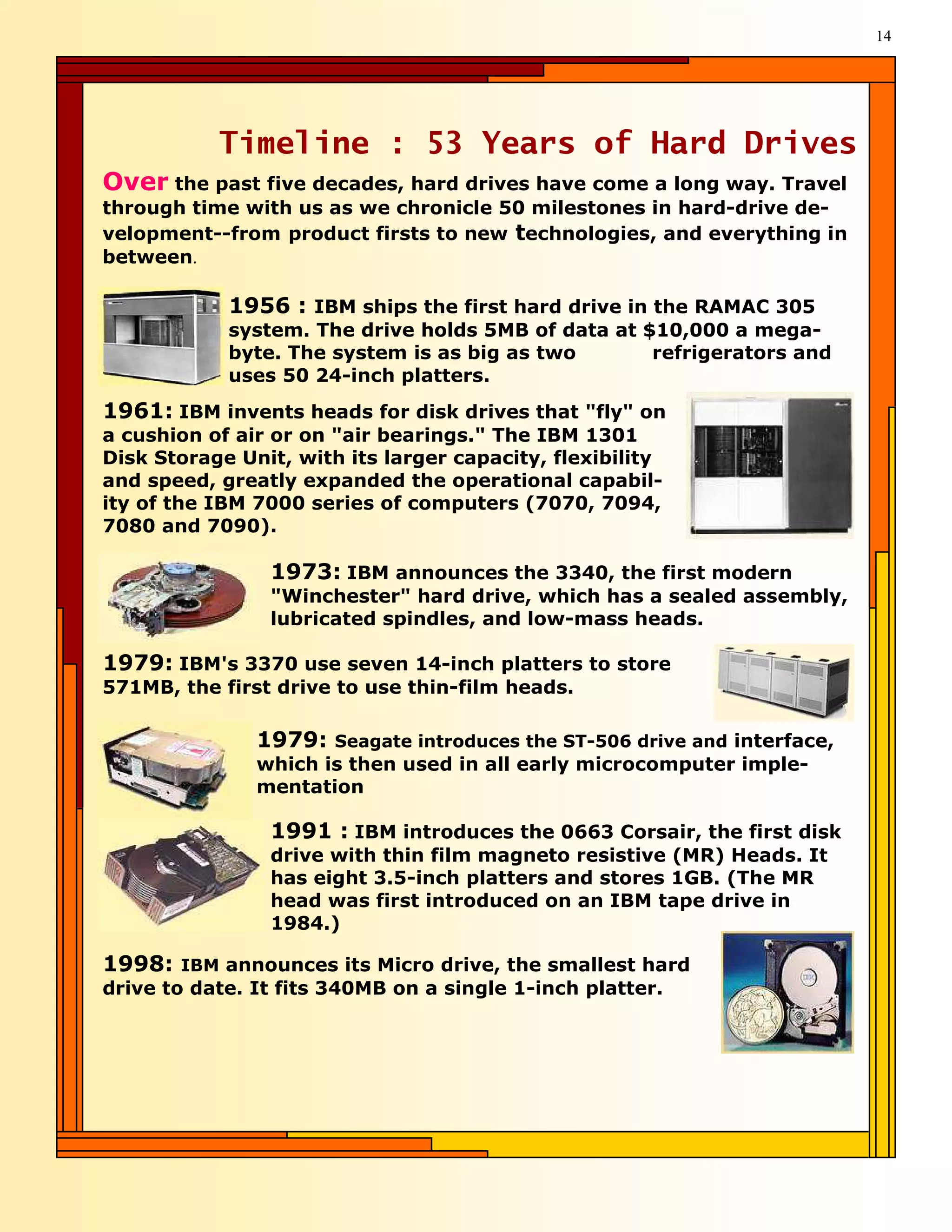14




           Timeline : 53 Years of Hard Drives
Over the past five decades, hard drives have come a long way. Travel
through time with us as we chronicle 50 milestones in hard-drive de-
velopment--from product firsts to new technologies, and everything in
between.

            1956 : IBM ships the first hard drive in the RAMAC 305
            system. The drive holds 5MB of data at $10,000 a mega-
            byte. The system is as big as two       refrigerators and
            uses 50 24-inch platters.
1961: IBM invents heads for disk drives that "fly" on
a cushion of air or on "air bearings." The IBM 1301
Disk Storage Unit, with its larger capacity, flexibility
and speed, greatly expanded the operational capabil-
ity of the IBM 7000 series of computers (7070, 7094,
7080 and 7090).

                1973: IBM announces the 3340, the first modern
                "Winchester" hard drive, which has a sealed assembly,
                lubricated spindles, and low-mass heads.

1979: IBM's 3370 use seven 14-inch platters to store
571MB, the first drive to use thin-film heads.

               1979: Seagate introduces the ST-506 drive and interface,
               which is then used in all early microcomputer imple-
               mentation

                1991 : IBM introduces the 0663 Corsair, the first disk
                drive with thin film magneto resistive (MR) Heads. It
                has eight 3.5-inch platters and stores 1GB. (The MR
                head was first introduced on an IBM tape drive in
                1984.)

1998: IBM announces its Micro drive, the smallest hard
drive to date. It fits 340MB on a single 1-inch platter.
 