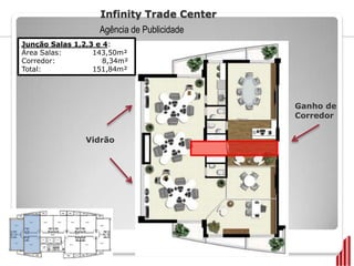 Infinity Trade Center
                   Agência de Publicidade
Junção Salas 1,2,3 e 4:
Área Salas:       143,50m²
Corredor:            8,34m²
Total:            151,84m²




                                            Ganho de
                                            Corredor


                Vidrão
 