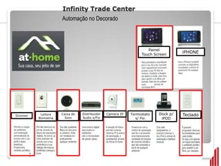 Infinity Trade Center
                     Automação no Decorado



                                                                   Painel
                                                                Touch Screen
                                                                                  iPHONE




Dimmer    Leitora    Caixa de   Distribuidor   Camera IP   Termostato   Dock p/   Teclado
         Biometria     Som      Áudio s/Fio                   s/ Fio     iPOD
 
