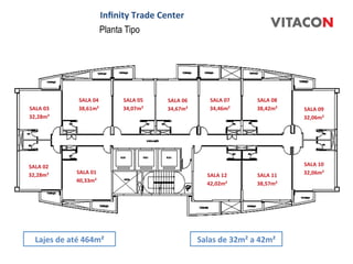 Inﬁnity	
  Trade	
  Center	
  
                                         Planta Tipo




                       SALA	
  04	
              SALA	
  05	
      SALA	
  06	
            SALA	
  07	
        SALA	
  08	
  
SALA	
  03	
           38,61m²    	
             34,07m²    	
     34,67m²    	
           34,46m²    	
       38,42m²    	
     SALA	
  09	
  
32,28m²    	
                                                                                                                    32,06m²    	
  




SALA	
  02	
                                                                                                                     SALA	
  10	
  
32,28m²    	
         SALA	
  01	
                                                                                               32,06m²    	
  
                                                                                         SALA	
  12	
          SALA	
  11	
  
                      40,33m²    	
  
                                                                                         42,02m²    	
         38,57m²    	
  




    Lajes	
  de	
  até	
  464m²	
                                                    Salas	
  de	
  32m²	
  a	
  42m²	
  
 