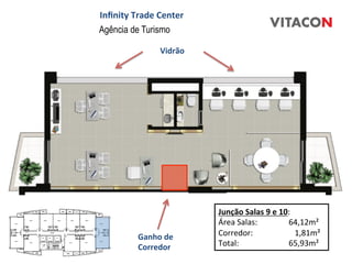 Inﬁnity	
  Trade	
  Center	
  
Agência de Turismo

                     Vidrão	
  




                                  Junção	
  Salas	
  9	
  e	
  10:	
  
                                  Área	
  Salas:                 	
  64,12m²	
  
             Ganho	
  de	
        Corredor:	
                    	
  	
  	
  	
  1,81m²	
  
             Corredor	
           Total:	
   	
                  	
  65,93m²	
  
 