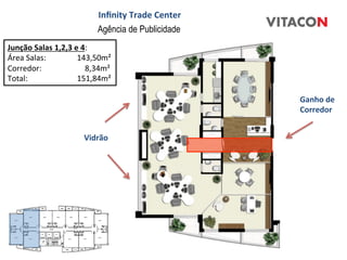 Inﬁnity	
  Trade	
  Center	
  
                                                 Agência de Publicidade
Junção	
  Salas	
  1,2,3	
  e	
  4:	
  
Área	
  Salas:              	
  143,50m²	
  
Corredor:	
                 	
  	
  	
  	
  	
  8,34m²	
  
Total:	
   	
               	
  151,84m²	
  

                                                                                  Ganho	
  de	
  
                                                                                  Corredor	
  


                                          Vidrão	
  
 