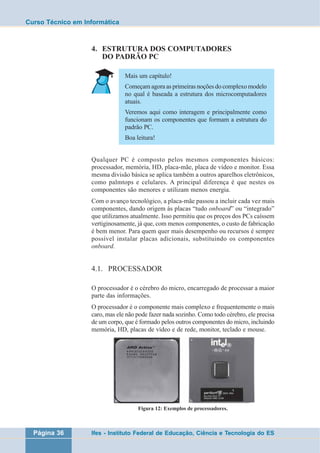 Curso Técnico em Informática 
4. ESTRUTURA DOS COMPUTADORES 
DO PADRÃO PC 
Mais um capítulo! 
Começam agora as primeiras noções do complexo modelo 
no qual é baseada a estrutura dos microcomputadores 
atuais. 
Veremos aqui como interagem e principalmente como 
funcionam os componentes que formam a estrutura do 
padrão PC. 
Boa leitura! 
Qualquer PC é composto pelos mesmos componentes básicos: 
processador, memória, HD, placa-mãe, placa de vídeo e monitor. Essa 
mesma divisão básica se aplica também a outros aparelhos eletrônicos, 
como palmtops e celulares. A principal diferença é que nestes os 
componentes são menores e utilizam menos energia. 
Com o avanço tecnológico, a placa-mãe passou a incluir cada vez mais 
componentes, dando origem às placas “tudo onboard” ou “integrado” 
que utilizamos atualmente. Isso permitiu que os preços dos PCs caíssem 
vertiginosamente, já que, com menos componentes, o custo de fabricação 
é bem menor. Para quem quer mais desempenho ou recursos é sempre 
possível instalar placas adicionais, substituindo os componentes 
onboard. 
4.1. PROCESSADOR 
O processador é o cérebro do micro, encarregado de processar a maior 
parte das informações. 
O processador é o componente mais complexo e frequentemente o mais 
caro, mas ele não pode fazer nada sozinho. Como todo cérebro, ele precisa 
de um corpo, que é formado pelos outros componentes do micro, incluindo 
memória, HD, placas de vídeo e de rede, monitor, teclado e mouse. 
Figura 12: Exemplos de processadores. 
Página 36 Ifes - Instituto Federal de Educação, Ciência e Tecnologia do ES 
 