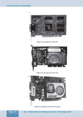 Curso Técnico em Informática 
Figura 20: uma placa de vídeo PCI 
Figura 21: uma placa de vídeo AGP 
Figura 22: uma placa de vídeo PCI-express 
Página 48 Ifes - Instituto Federal de Educação, Ciência e Tecnologia do ES 
 