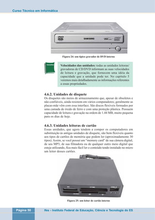 Curso Técnico em Informática 
Figura 24: um típico gravador de DVD interno 
Velocidades das unidades: todas as unidades leitoras/ 
gravadoras de CD/DVD informam as suas velocidades 
de leitura e gravação, que fornecem uma idéia da 
capacidade que a unidade pode ter. No capítulo 5 
veremos mais detalhadamente as informações referentes 
a essas propriedades. 
4.6.2. Unidades de disquete 
Os disquetes são meios de armazenamento que, apesar de obsoletos e 
não confiáveis, ainda resistem em vários computadores; geralmente as 
placas-mãe vêm com essa interface. São discos flexíveis formados por 
uma camada de óxido de ferro e com uma proteção plástica. Possuem 
capacidade de leitura e gravação na ordem de 1.44 MB, muito pequena 
para os dias de hoje. 
4.6.3. Unidades leitoras de cartão 
Essas unidades, que agora tendem a compor os computadores em 
substituição às antigas unidades de disquete, são bem flexíveis quanto 
aos tipos de cartões de memória que podem ler (aproximadamente 30 
tipos). Assim, se você possui um “memory card” de sua câmera digital, 
de seu MP3, de sua filmadora ou de qualquer outro meio digital que 
esteja utilizando, fica mais fácil ler o conteúdo tendo instalado no micro 
um leitor desses cartões. 
Figura 25: um leitor de cartão interno 
Página 50 Ifes - Instituto Federal de Educação, Ciência e Tecnologia do ES 
 