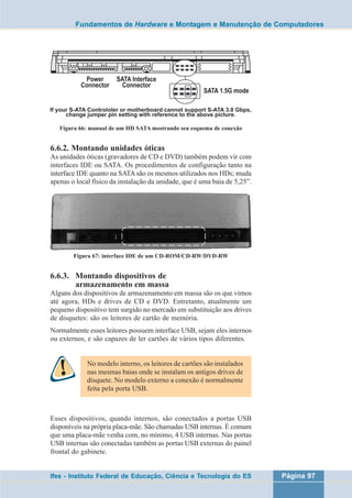 Fundamentos de Hardware e Montagem e Manutenção de Computadores 
Figura 66: manual de um HD SATA mostrando seu esquema de conexão 
6.6.2. Montando unidades óticas 
As unidades óticas (gravadores de CD e DVD) também podem vir com 
interfaces IDE ou SATA. Os procedimentos de configuração tanto na 
interface IDE quanto na SATA são os mesmos utilizados nos HDs; muda 
apenas o local físico da instalação da unidade, que é uma baia de 5,25”. 
Figura 67: interface IDE de um CD-ROM/CD-RW/DVD-RW 
6.6.3. Montando dispositivos de 
armazenamento em massa 
Alguns dos dispositivos de armazenamento em massa são os que vimos 
até agora, HDs e drives de CD e DVD. Entretanto, atualmente um 
pequeno dispositivo tem surgido no mercado em substituição aos drives 
de disquetes: são os leitores de cartão de memória. 
Normalmente esses leitores possuem interface USB, sejam eles internos 
ou externos, e são capazes de ler cartões de vários tipos diferentes. 
No modelo interno, os leitores de cartões são instalados 
nas mesmas baias onde se instalam os antigos drives de 
disquete. No modelo externo a conexão é normalmente 
feita pela porta USB. 
Esses dispositivos, quando internos, são conectados a portas USB 
disponíveis na própria placa-mãe. São chamadas USB internas. É comum 
que uma placa-mãe venha com, no mínimo, 4 USB internas. Nas portas 
USB internas são conectadas também as portas USB externas do painel 
frontal do gabinete. 
Ifes - Instituto Federal de Educação, Ciência e Tecnologia do ES Página 97 
 