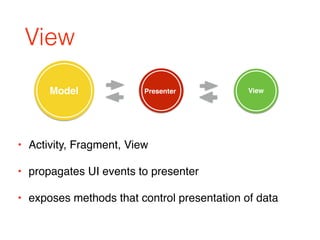 View
• Activity, Fragment, View
• propagates UI events to presenter
• exposes methods that control presentation of data
Model Presenter View
 