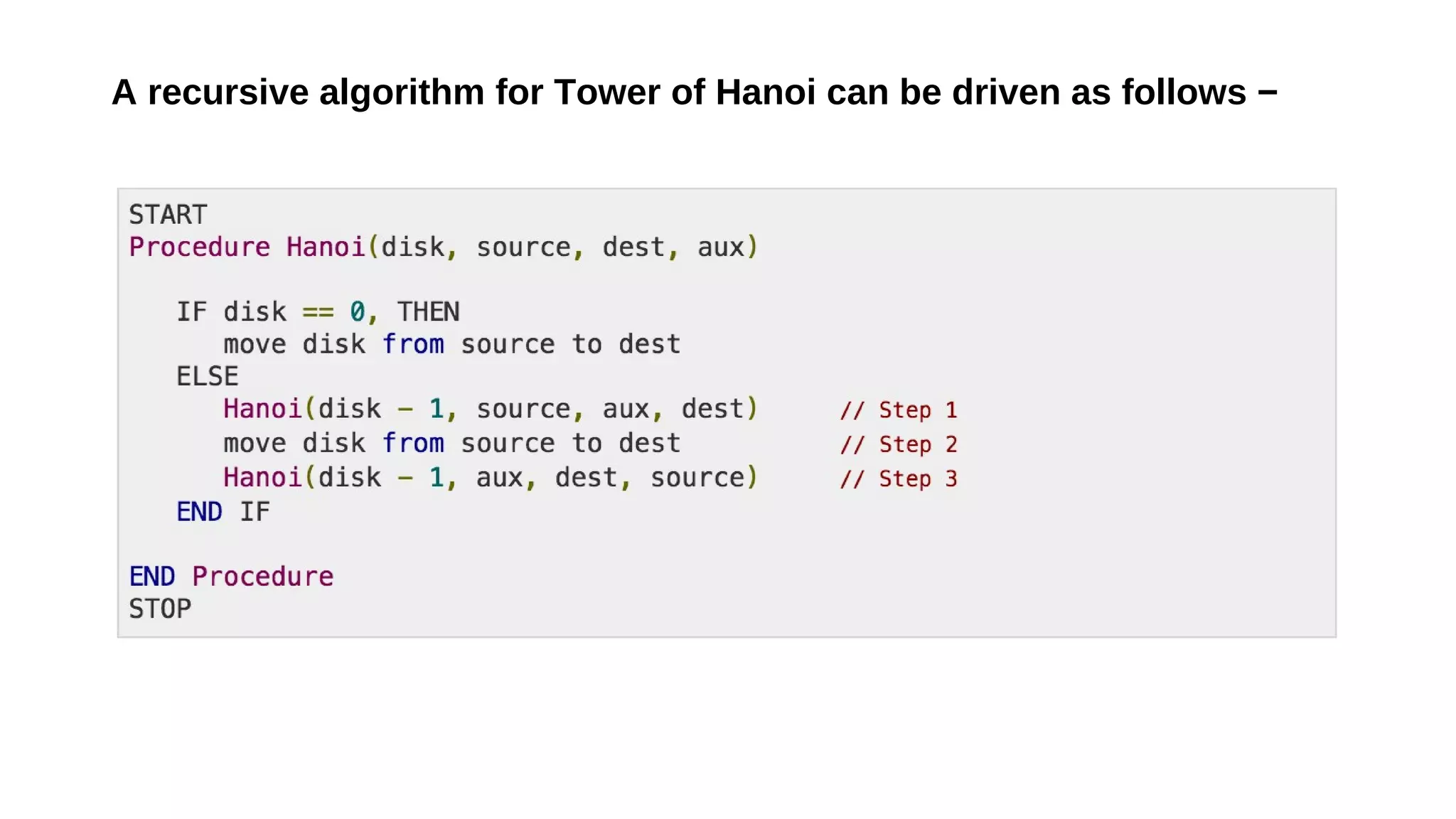 A recursive algorithm for Tower of Hanoi can be driven as follows −
 