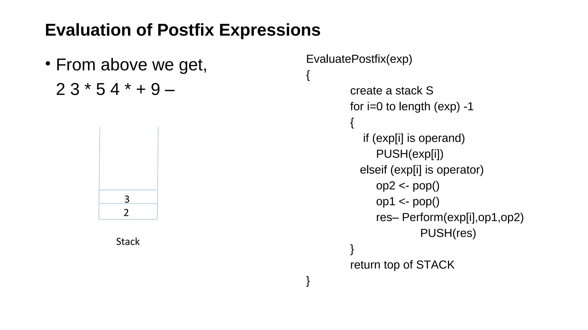 Evaluation of Postfix Expressions
• From above we get,
2 3 * 5 4 * + 9 –
Stack
EvaluatePostfix(exp)
{
create a stack S
for i=0 to length (exp) -1
{
if (exp[i] is operand)
PUSH(exp[i])
elseif (exp[i] is operator)
op2 <- pop()
op1 <- pop()
res– Perform(exp[i],op1,op2)
PUSH(res)
}
return top of STACK
}
2
3
 