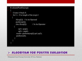 • EvaluatePostfix(exp)
• {
• Create A Stack S.
• for I ← 0 to length of the (exp)-1
{
if(exp[i]) // Is An Operand
push(exp[i]);
else if(exp[i])
// Is An Operator
{
op1←pop();
op2← pop();
result←perform(exp[i],op1,op2);
push(result);
}
}
}

 ALGORITHM FOR POSTFIX EVALUATION
Mohammad Saeed Farooqi (University Of Swat, Pakistan)

 