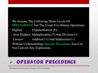  We Assume The Following Three Levels Of
PRECEDENCE For The Usual Five Binary Operations.
 Highest
Exponentiation ().
 Next Highest Multiplication (*) And Division (/)
Superfluous
 Lowest
Addition (+) And Subtraction (-)
 Without Understanding Operator Precedence You Can
Not Convert Any Expression.

 OPERATOR PRECEDENCE
Mohammad Saeed Farooqi (University Of Swat, Pakistan)

 
