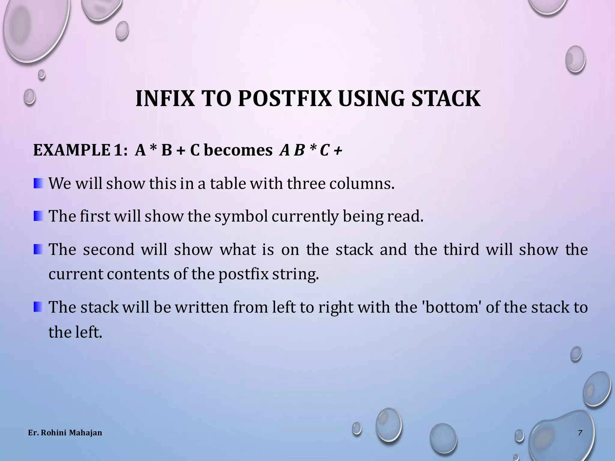 INFIX TO POSTFIX USING STACK
EXAMPLE1: A * B + C becomes A B * C +
We will show this in a table with three columns.
The first will show the symbol currently being read.
The second will show what is on the stack and the third will show the
current contents of the postfix string.
The stack will be written from left to right with the 'bottom' of the stack to
the left.
Er. Rohini Mahajan 7
 