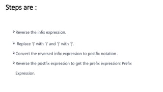 Steps are :
Reverse the infix expression.
 Replace '(' with ')' and ')' with ‘(‘.
Convert the reversed infix expression to postfix notation .
Reverse the postfix expression to get the prefix expression: Prefix
Expression.
 