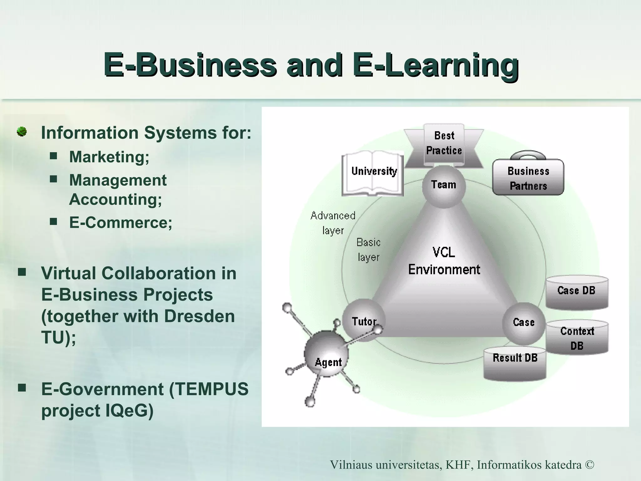 E-Business and E-Learning Information Systems for: Marketing; Management Accounting; E-Commerce; Virtual Collaboration in E-Business Projects (together with Dresden TU); E-Government (TEMPUS project IQeG) 